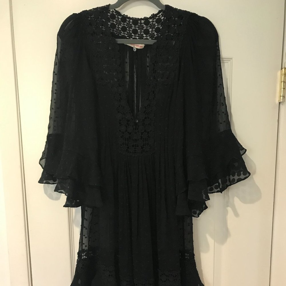 Rebecca Taylor 4 Black Dot Silk Bell Sleeve Ruffle Crochet Cover-up Slip Dress